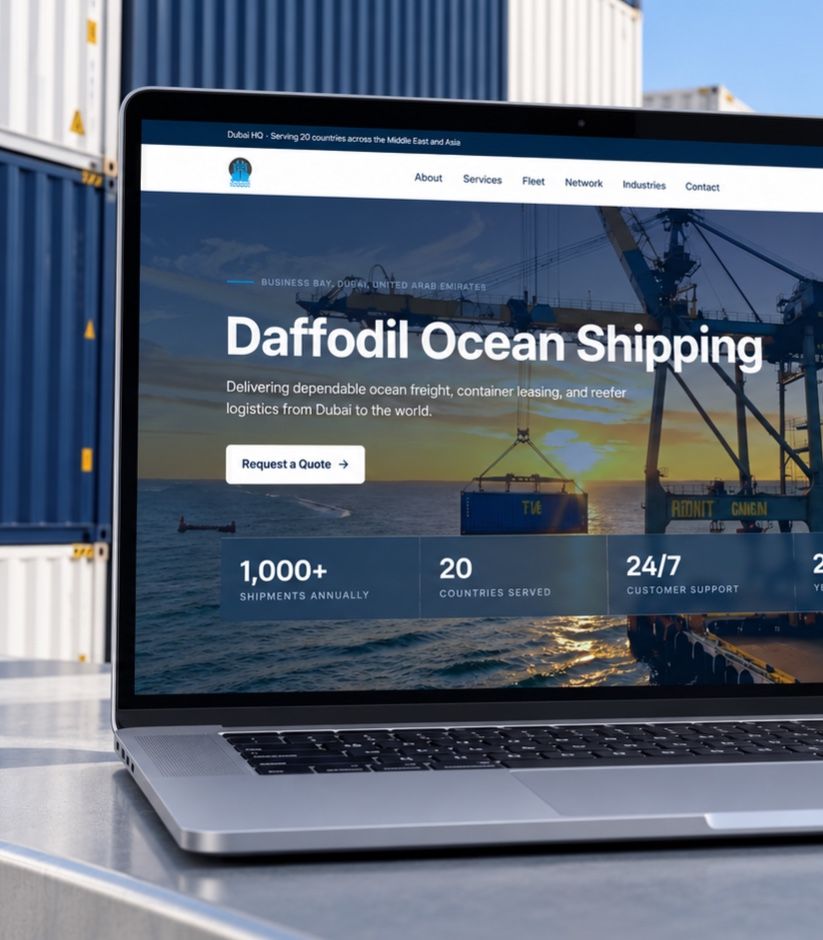 Daffodil Ocean Shipping's website on a laptop in front of stacked blue shipping containers.